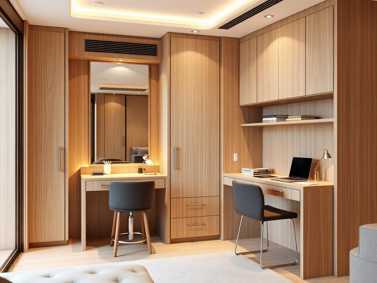 Dressing table with mirror beside a study desk