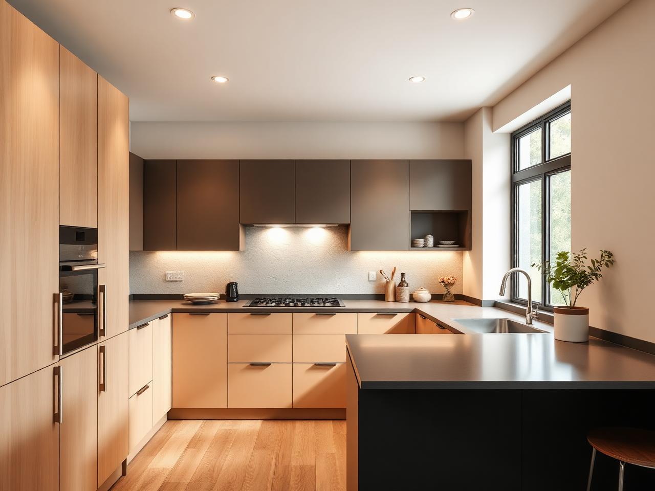 Modular kitchen with laminate cabinets and under-cabinet lighting