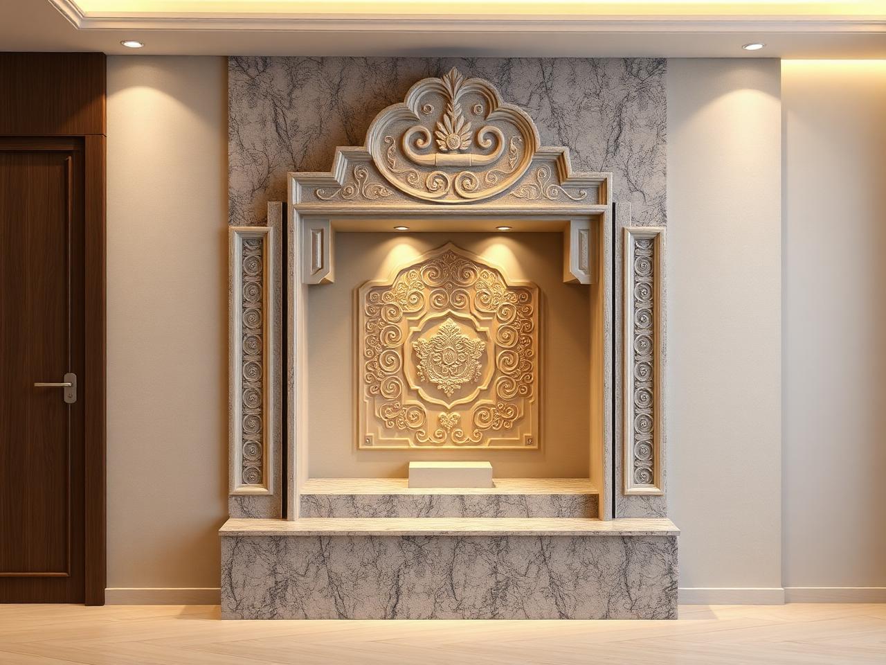 Puja unit with granite base and carved backdrop