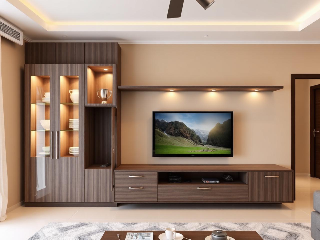 TV unit with lit crockery display cabinet
