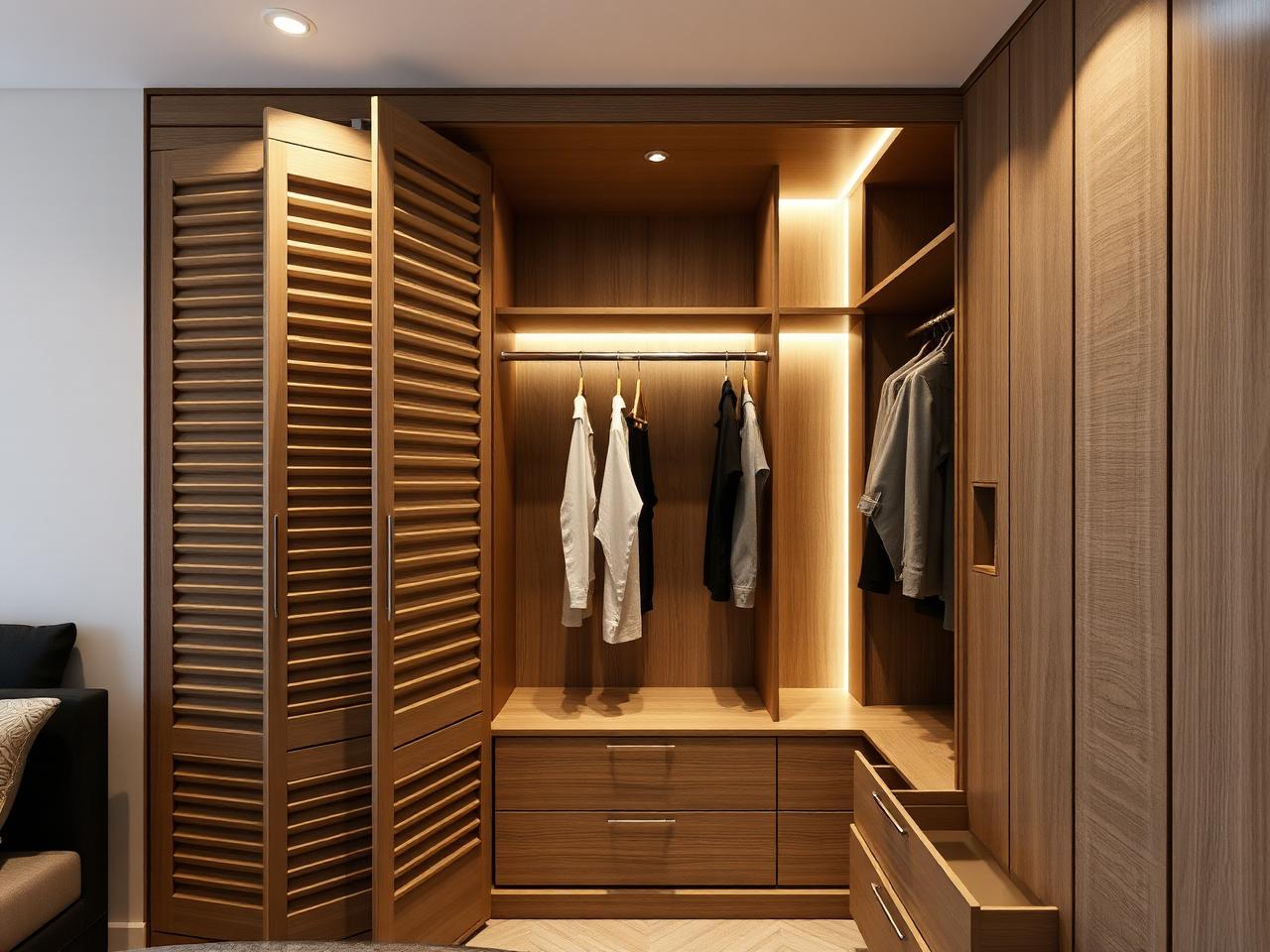 Built-in wardrobe with internal lighting and drawers